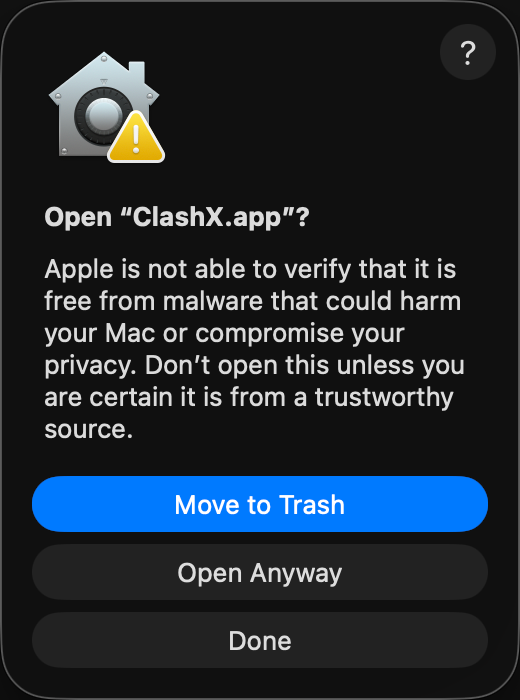 macOS final confirmation dialog to open ClashX